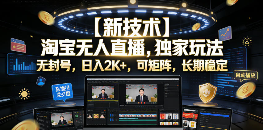 【新技术】淘宝无人直播,独家玩法,无封号,日入2K+,可矩阵,长期稳定