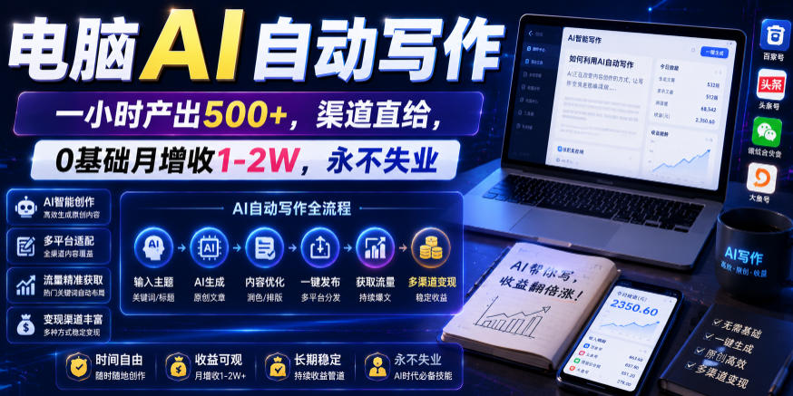 电脑AI自动写作,一小时产出500+,渠道直给,0基础月增收1-2W,永不失业