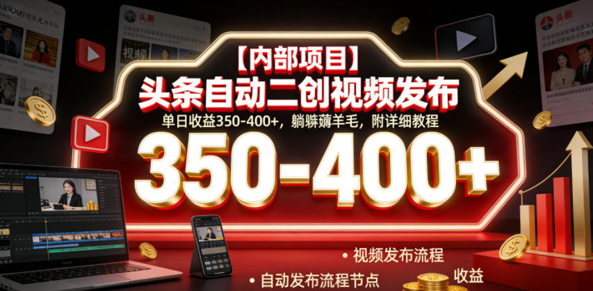【内部项目】头条自动二创视频发布，单日收益350-400+，躺賺薅羊毛，附详细教程