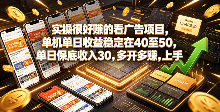 实操很好賺的看广告项目,单机单日收益稳定在40至50,单日保底收入30,多开多賺,上手就能变现