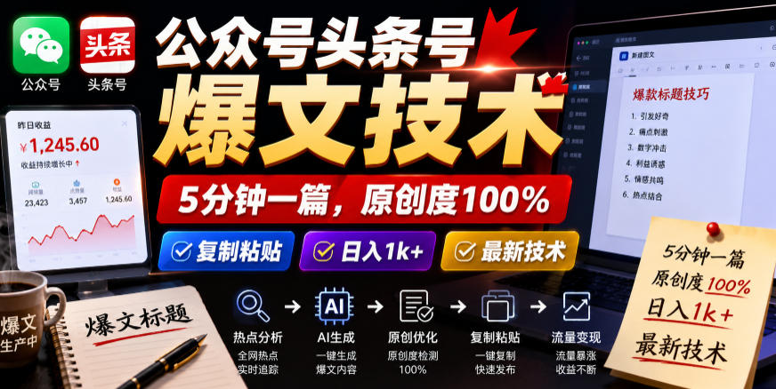 公众号头条号爆文技术,5分钟一篇,原创度100%,复制粘贴,日入1k+,最新技术
