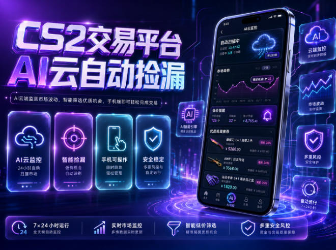 CS2交易平台AI云自动捡漏，多年稳定运行，无需手机，支持任何形式验证，日入300+