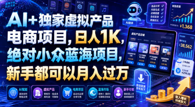 AI+独家虚拟产品电商项目,日人1K,绝对小众蓝海项目,新手都可以月入过万