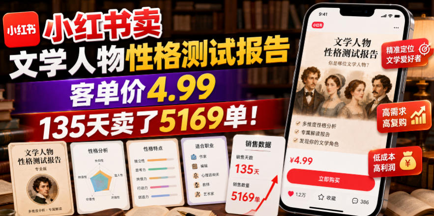 小红书卖文学人物性格测试报告,客单价4.99,135天卖了5169单